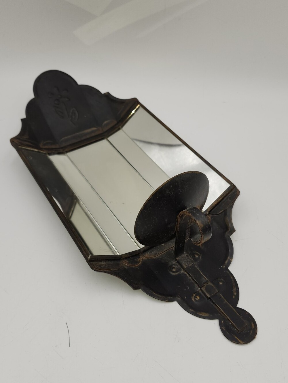 Black Tin Metal Mirrored Wall Sconce Candle Holder Colonial Primitive  Vintage